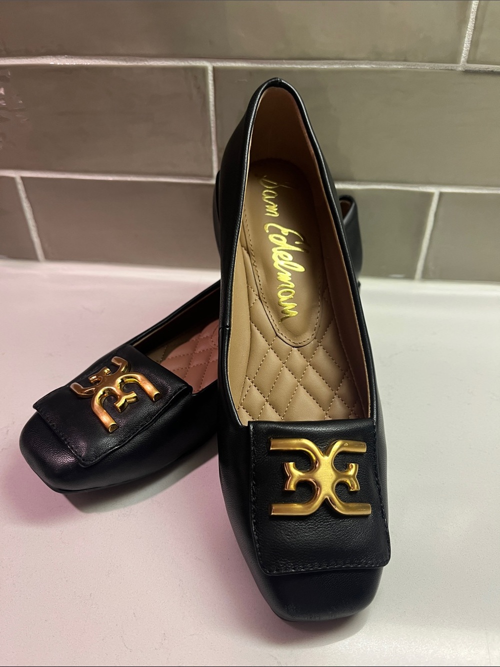 Sam Edelman Emina Square Toe Flat, Black Gold Women’s Size 6 1/2